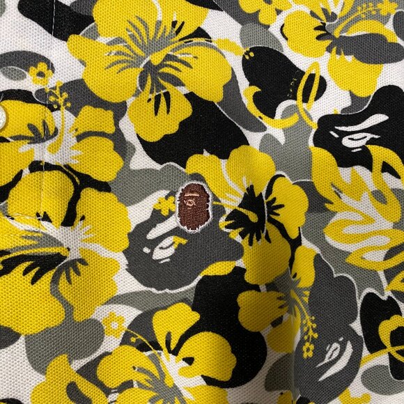 A Bathing Ape Short Sleeve Yellow Aloha Camo Pique Polo Shirt Men's size Small - Picture 3 of 11